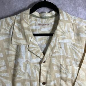 Tommy Bahama Camp Shirt‎ Mens Size XL Cream Linen Tropical Leaf Beach Summer